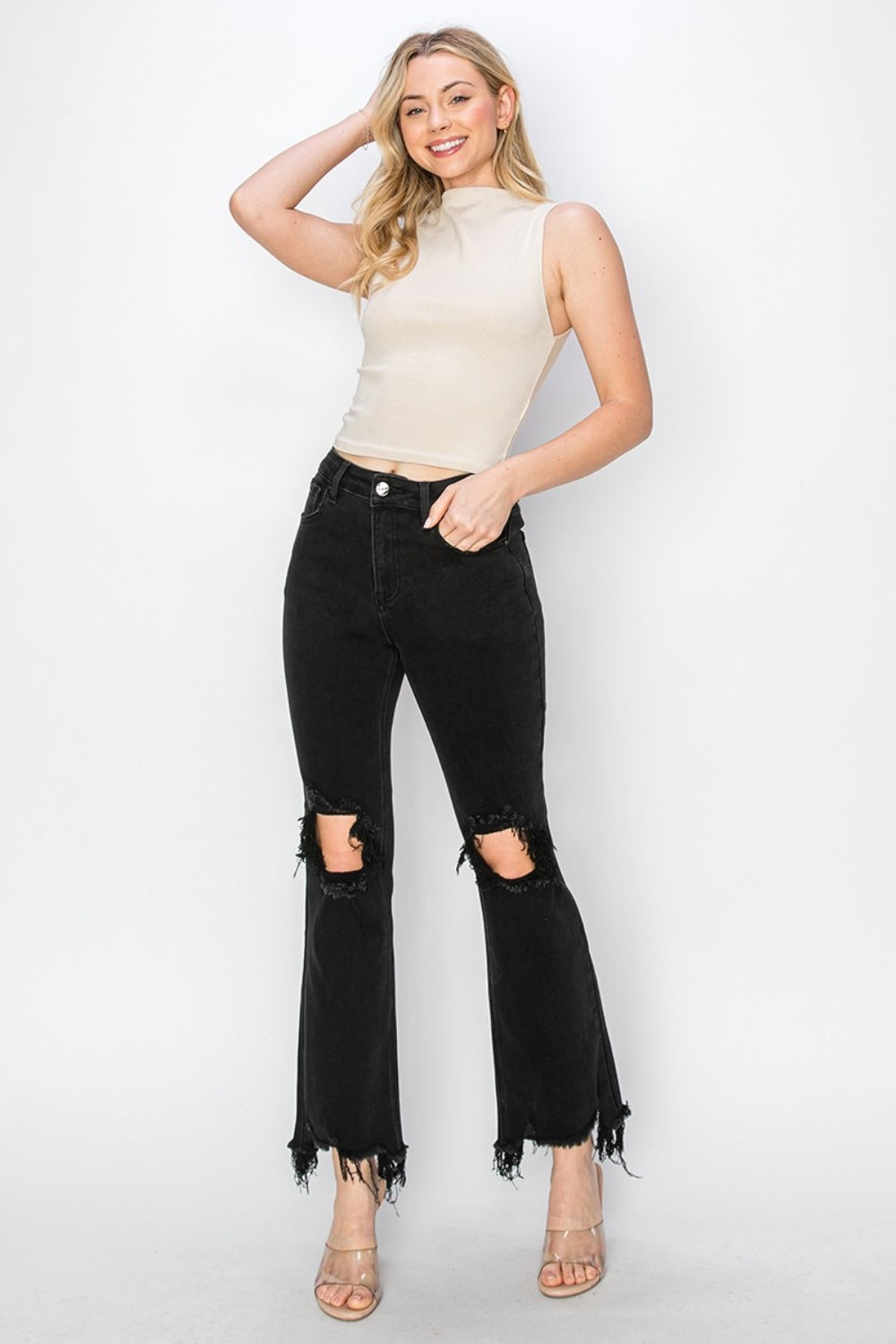 RISEN Full Size Distressed Raw Hem Jeans with Pockets - Camellia City Chicks