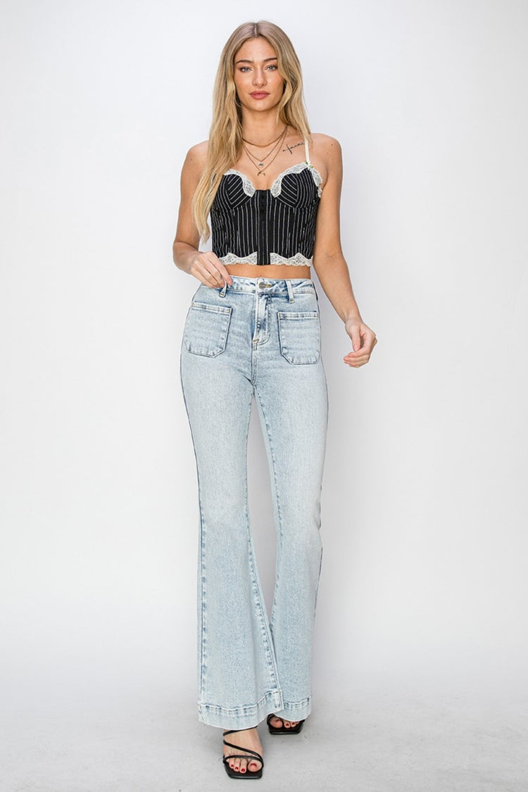 Risen Full Size High Rise Front Patch Pocket Flare Jeans - Camellia City Chicks