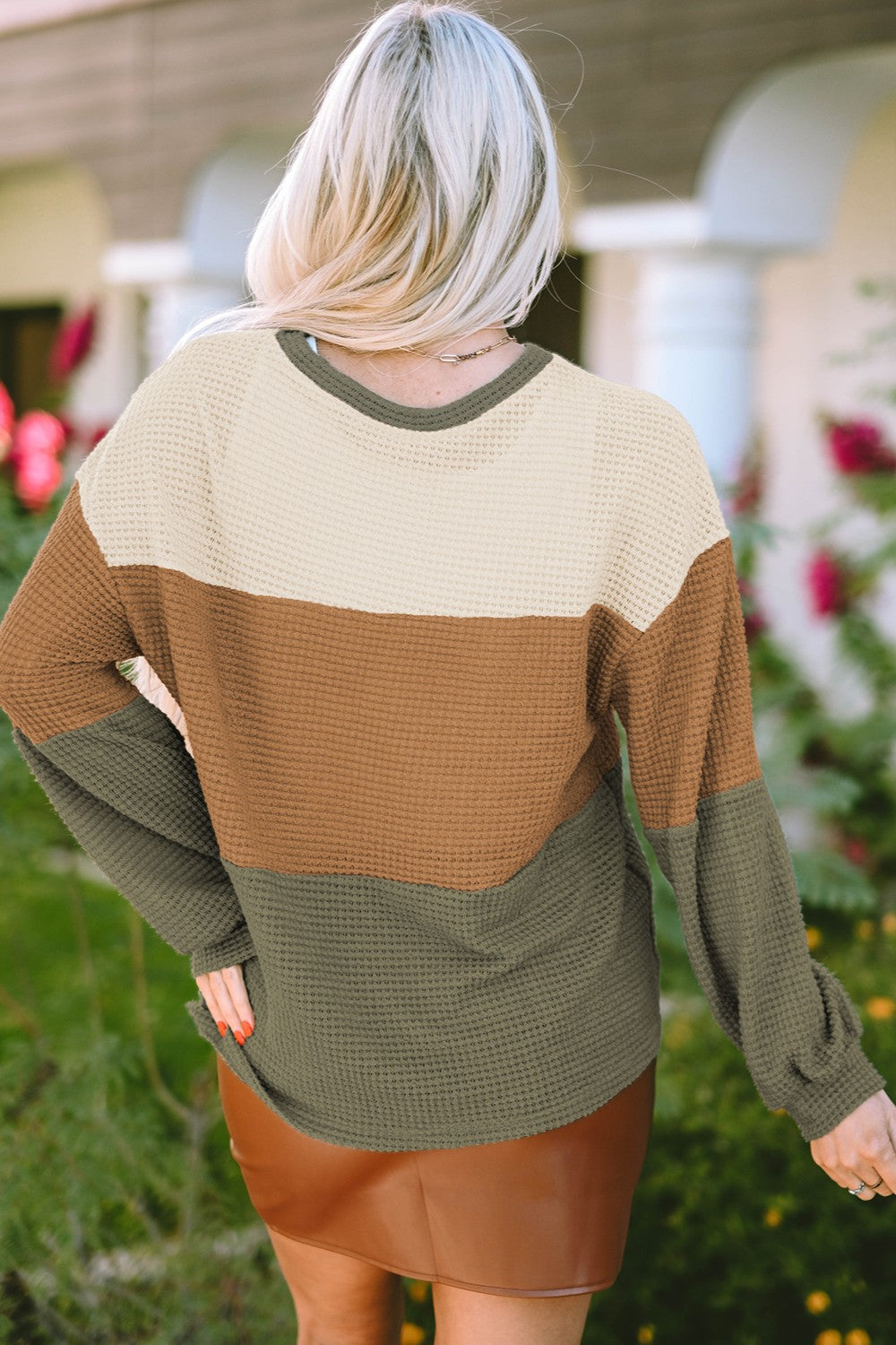 Waffle-Knit Color Block Round Neck Long Sleeve Blouse - Camellia City Chicks