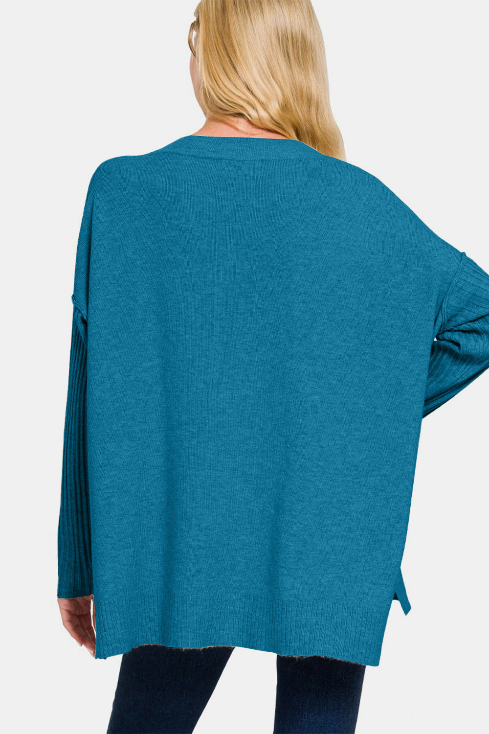 Zenana V-Neck Side Slit High-Low Sweater - Camellia City Chicks