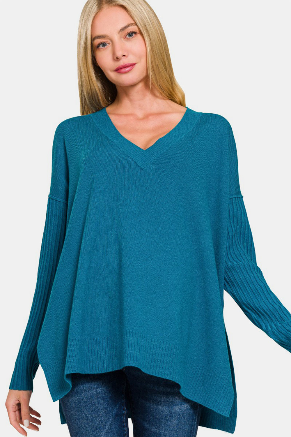 Zenana V-Neck Side Slit High-Low Sweater - Camellia City Chicks