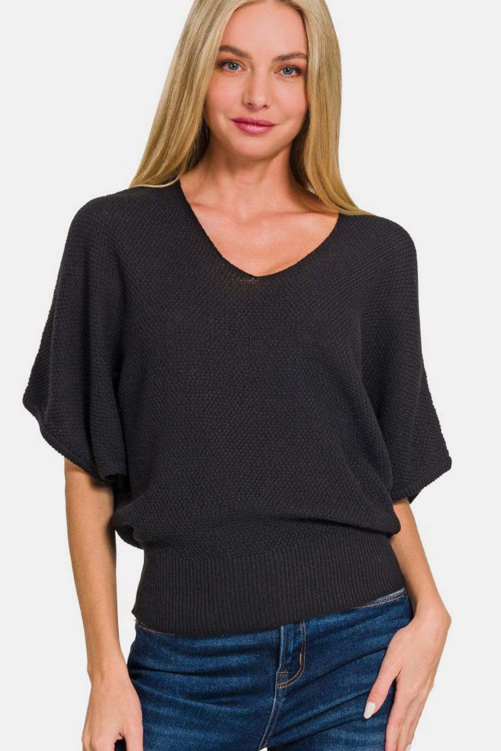 Zenana V-Neck Short Sleeve Dolman Sweater - Camellia City Chicks