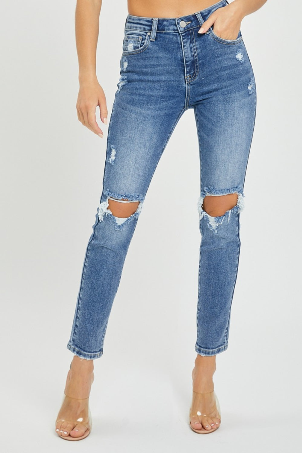 Risen Full Size High Rise Knee Distressed Skinny Jeans - Camellia City Chicks