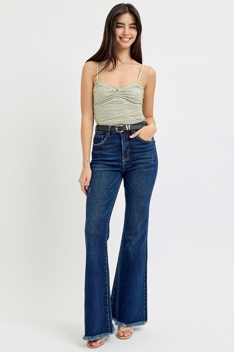 RISEN Tummy Control Frayed Hem Flare Jeans - Camellia City Chicks