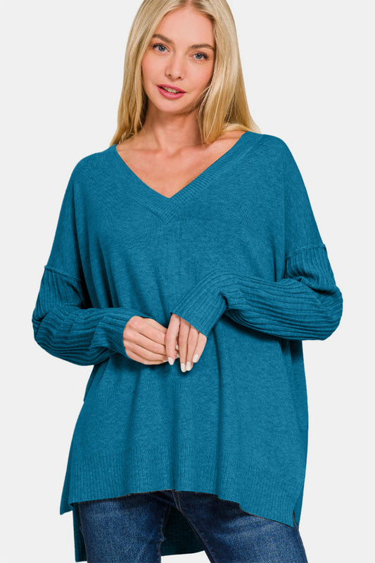 Zenana V-Neck Side Slit High-Low Sweater - Camellia City Chicks