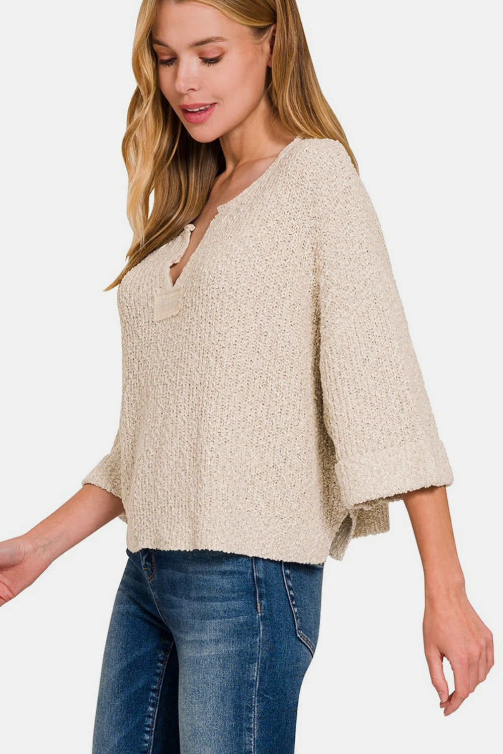 Zenana Notched Side Slit Patch Sweater - Camellia City Chicks