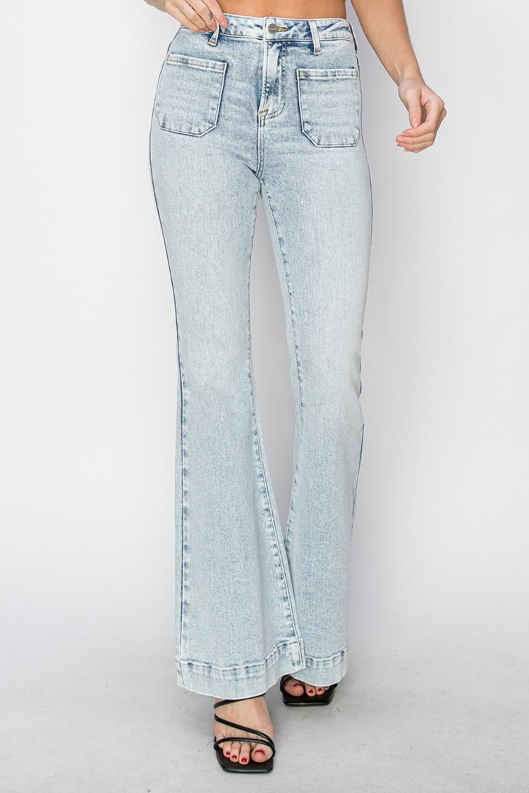 Risen Full Size High Rise Front Patch Pocket Flare Jeans - Camellia City Chicks