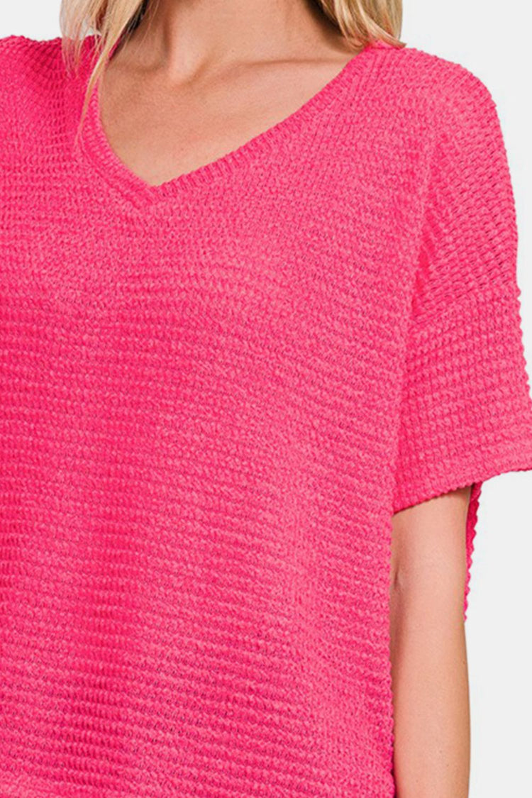 Zenana Drop Shoulder Short Sleeve Jacquard Knit Top - Camellia City Chicks