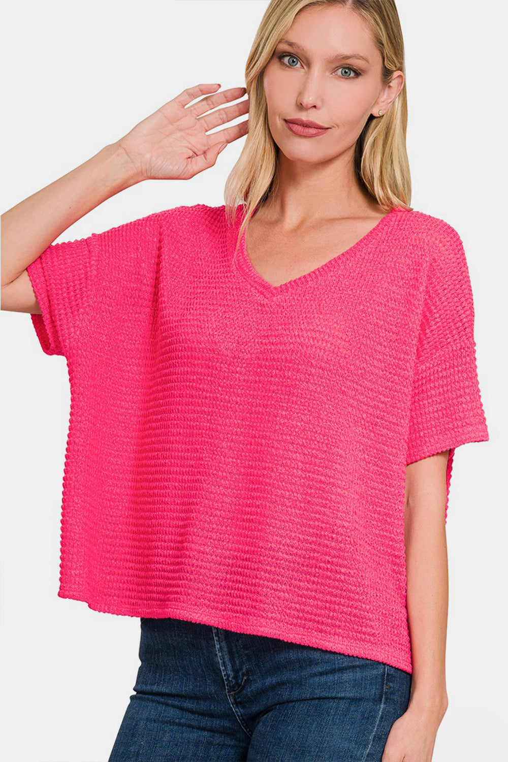 Zenana Drop Shoulder Short Sleeve Jacquard Knit Top - Camellia City Chicks