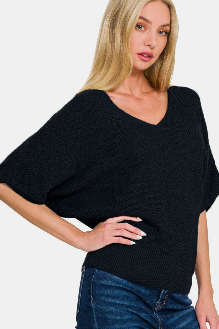 Zenana V-Neck Short Sleeve Dolman Sweater - Camellia City Chicks