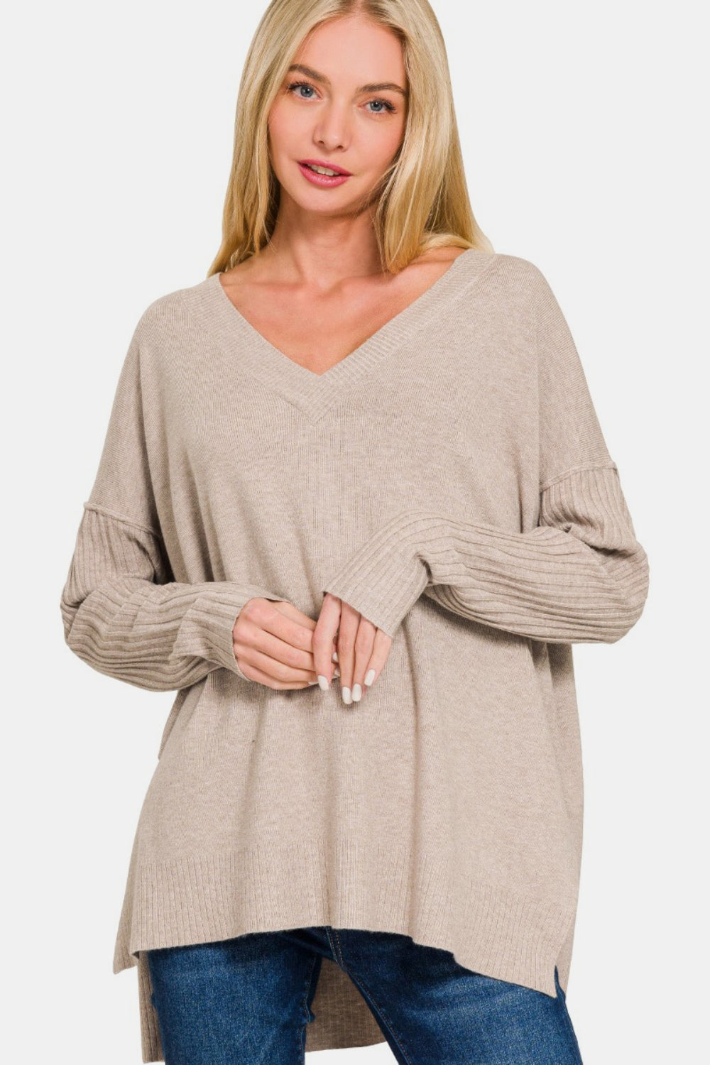 Zenana V-Neck Side Slit High-Low Sweater - Camellia City Chicks