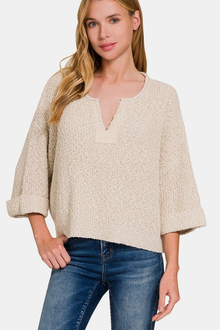 Zenana Notched Side Slit Patch Sweater - Camellia City Chicks