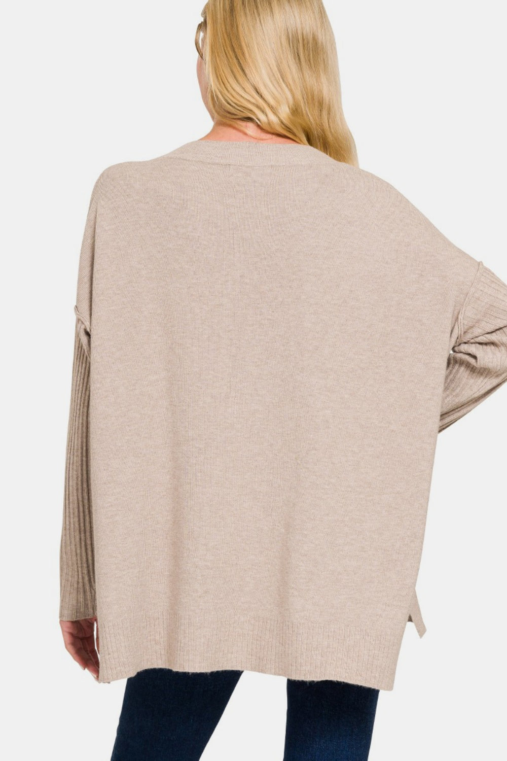 Zenana V-Neck Side Slit High-Low Sweater - Camellia City Chicks