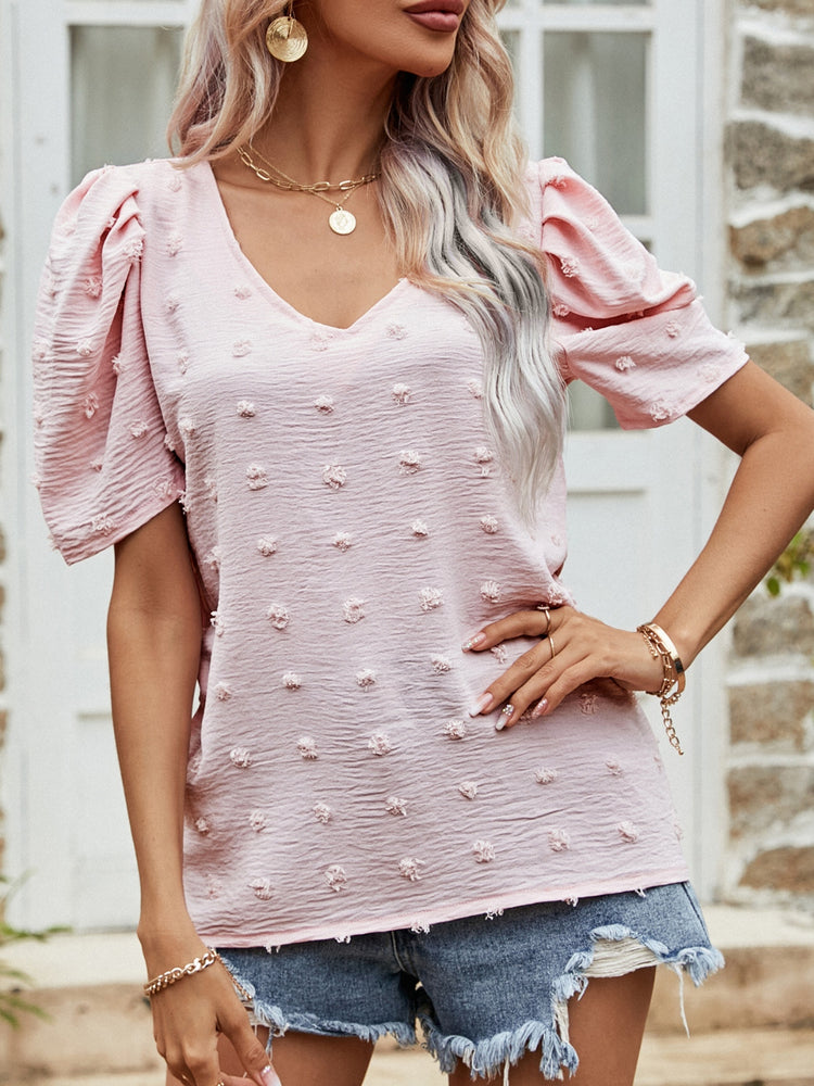 Swiss Dot Short Puff Sleeve Top - Camellia City Chicks