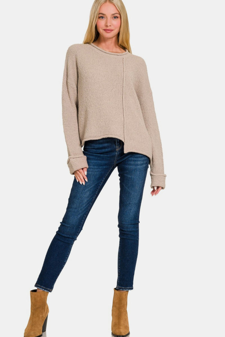 Zenana Asymmetric Hem Drop Shoulder Sweater - Camellia City Chicks